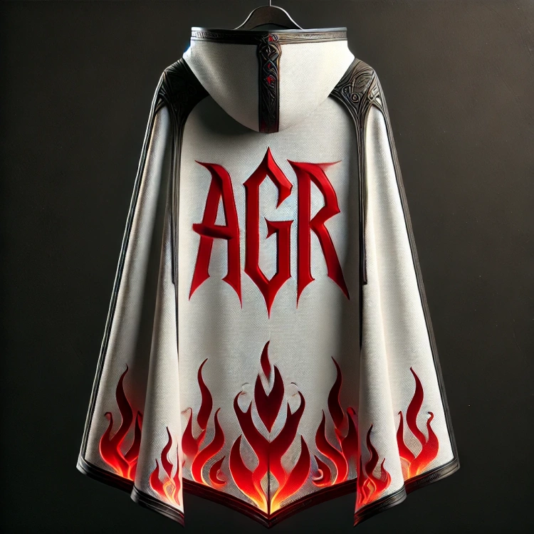 DALL·E 2024-10-08 15.54.11 - A new variation of a fantasy cape inspired by Lineage 2, hanging on the back with large red letters 'AGR' in bold at the center. The cape is set again.webp